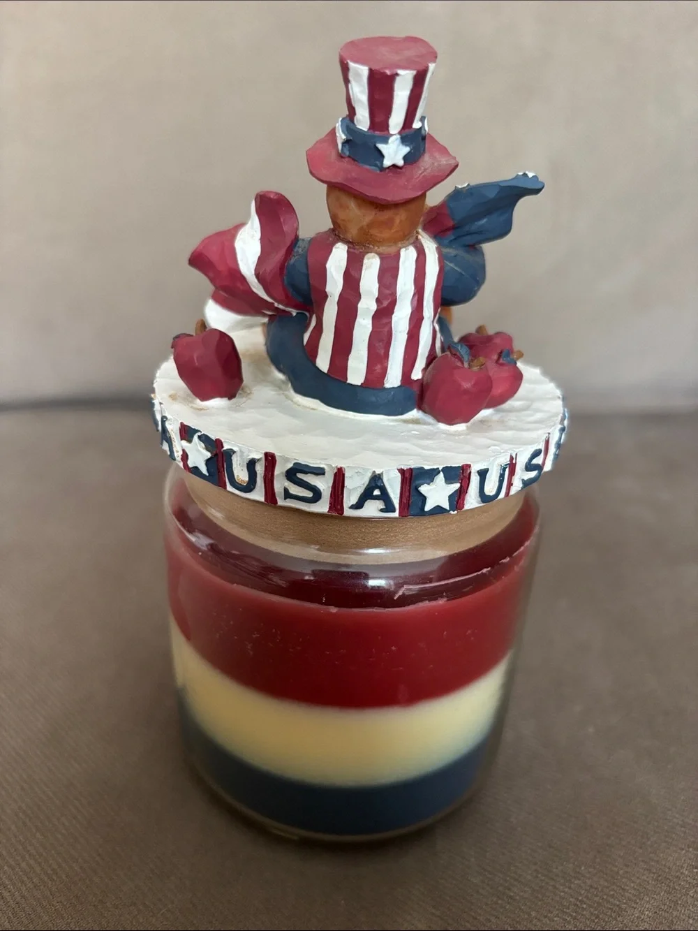Patriotic Red White Blue Layered Candle Jar with USA Decorative Lid